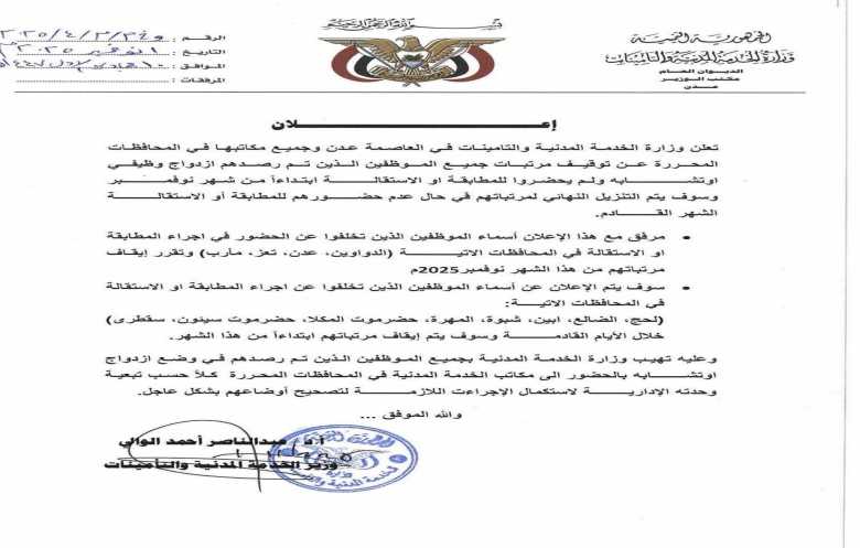 تدابير يمنية لإنهاء الازدواج في الوظائف الحكومية